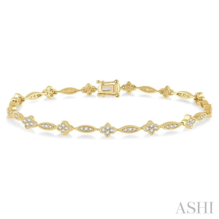 1 1/10 ctw Single Cut Diamond Marquise and Floral Link Bracelet in 10K Yellow Gold