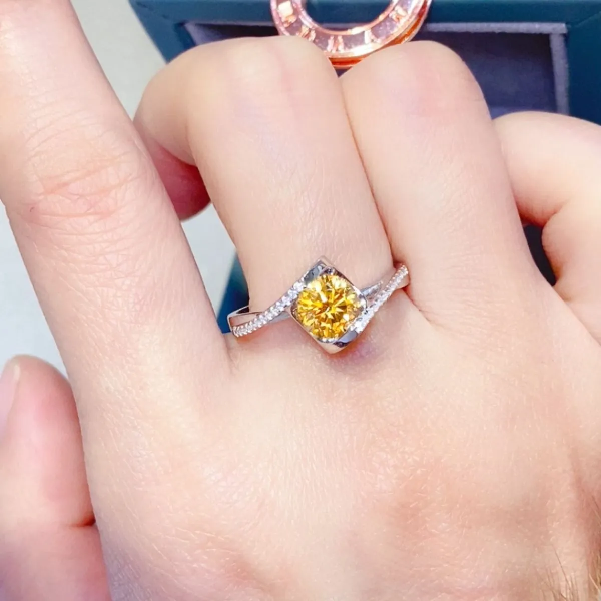 1 Carat Yellow Moissanite 925 Sterling Silver and Zircon Ring