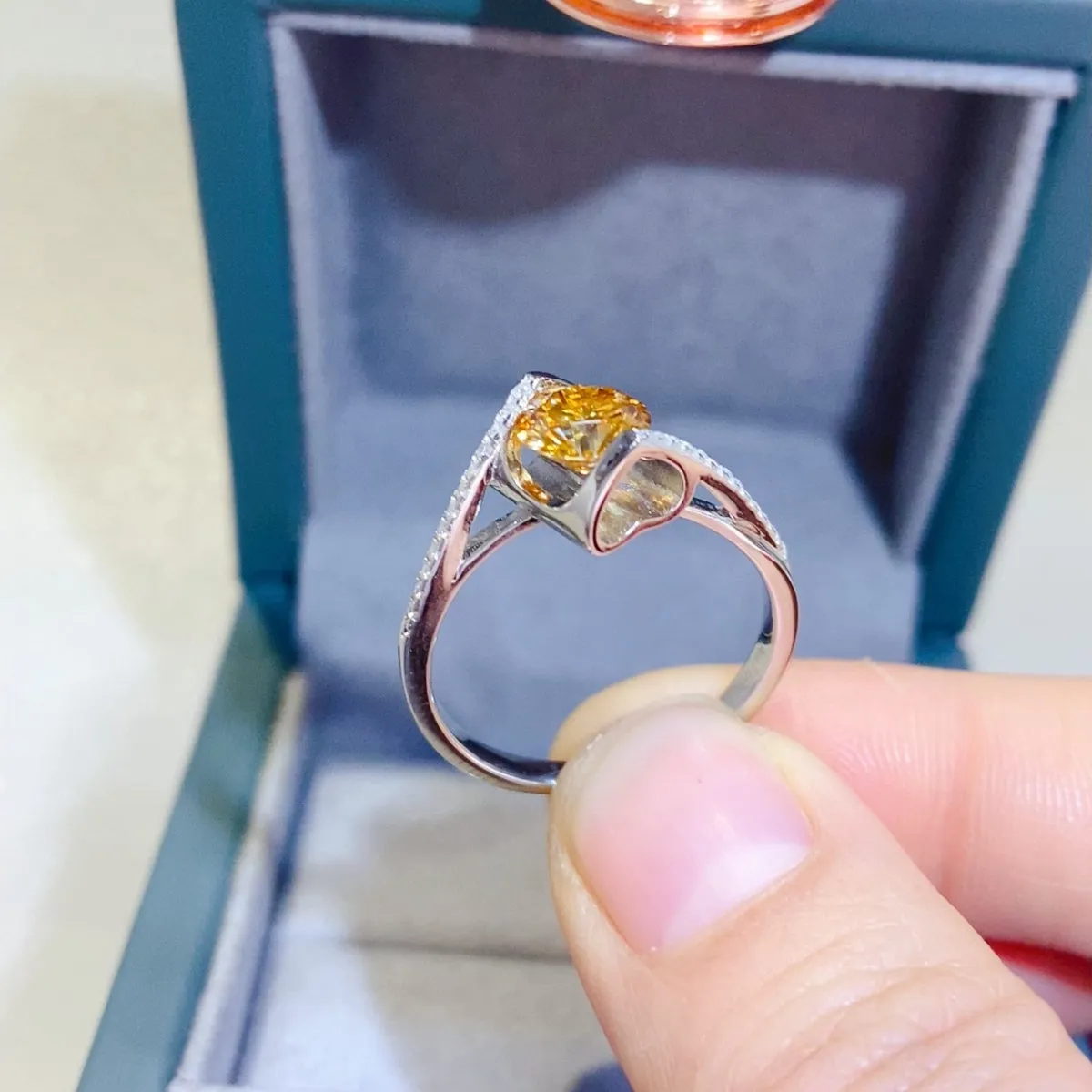 1 Carat Yellow Moissanite 925 Sterling Silver and Zircon Ring