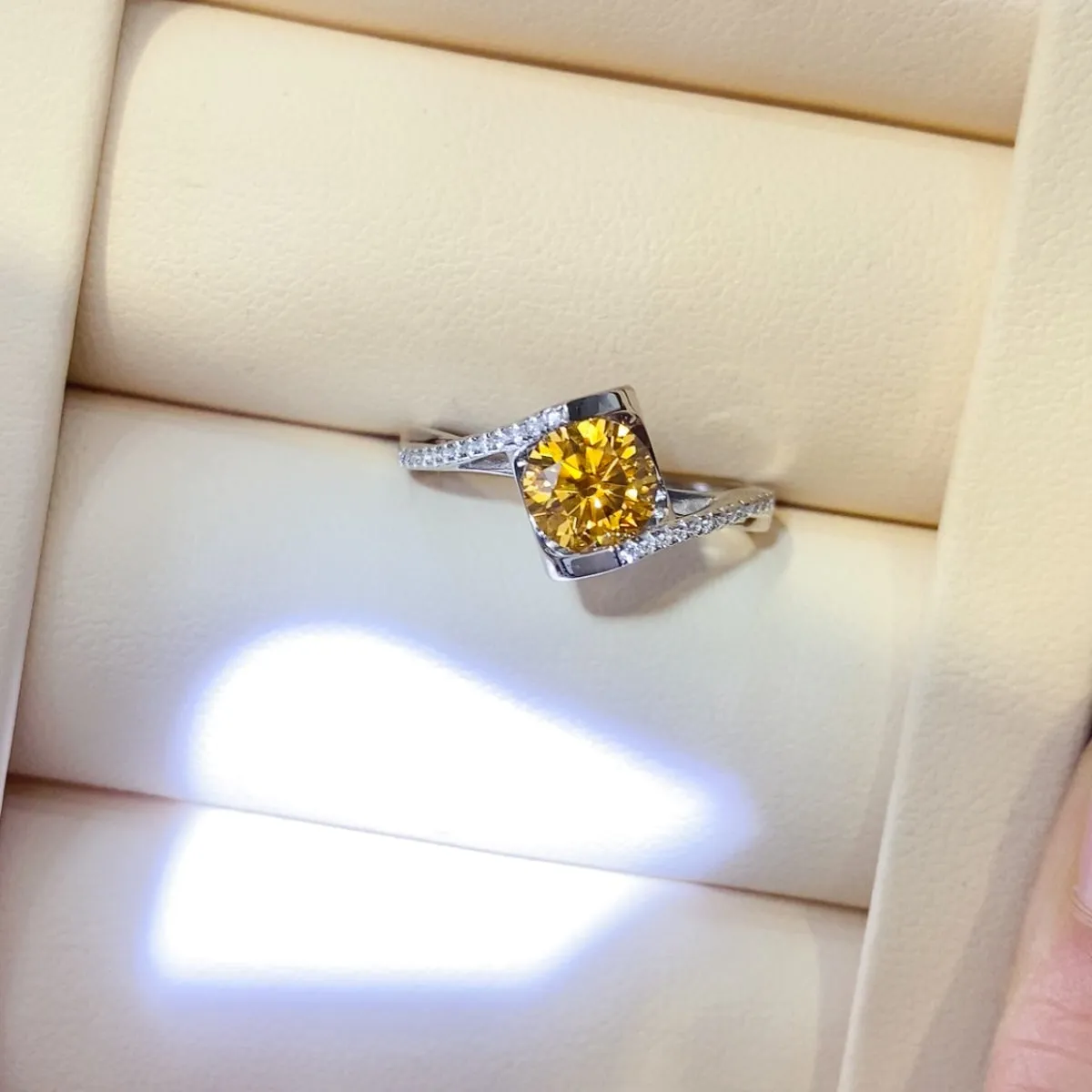 1 Carat Yellow Moissanite 925 Sterling Silver and Zircon Ring