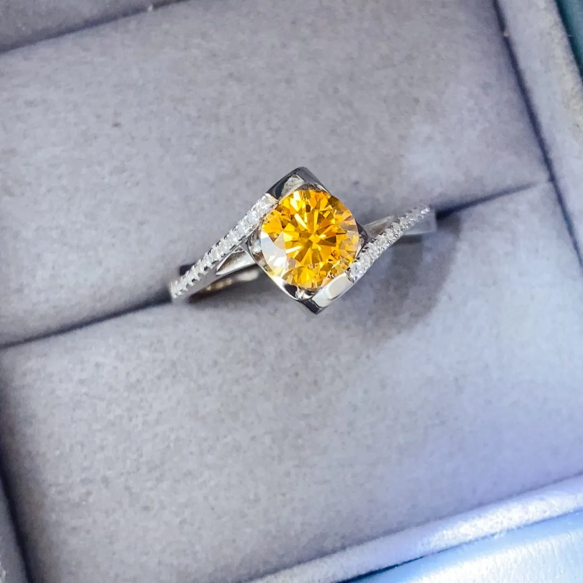 1 Carat Yellow Moissanite 925 Sterling Silver and Zircon Ring