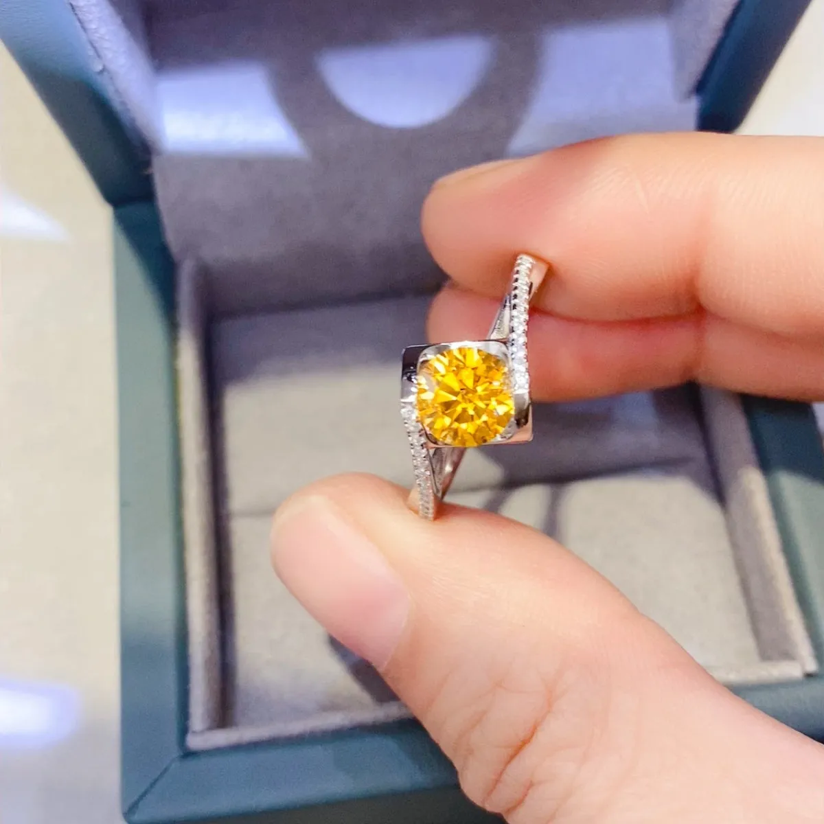 1 Carat Yellow Moissanite 925 Sterling Silver and Zircon Ring