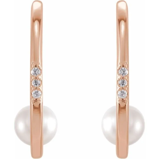 14K Gold Pearl Diamond Hoop Earrings