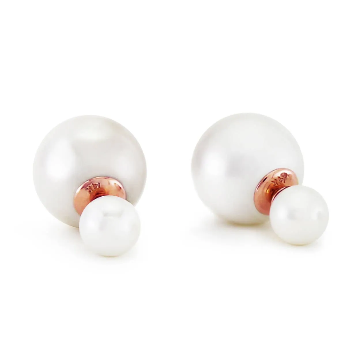 14K Solid Rose Gold Fashion Style Tribal Double White Shell Pearls Stud Earrings