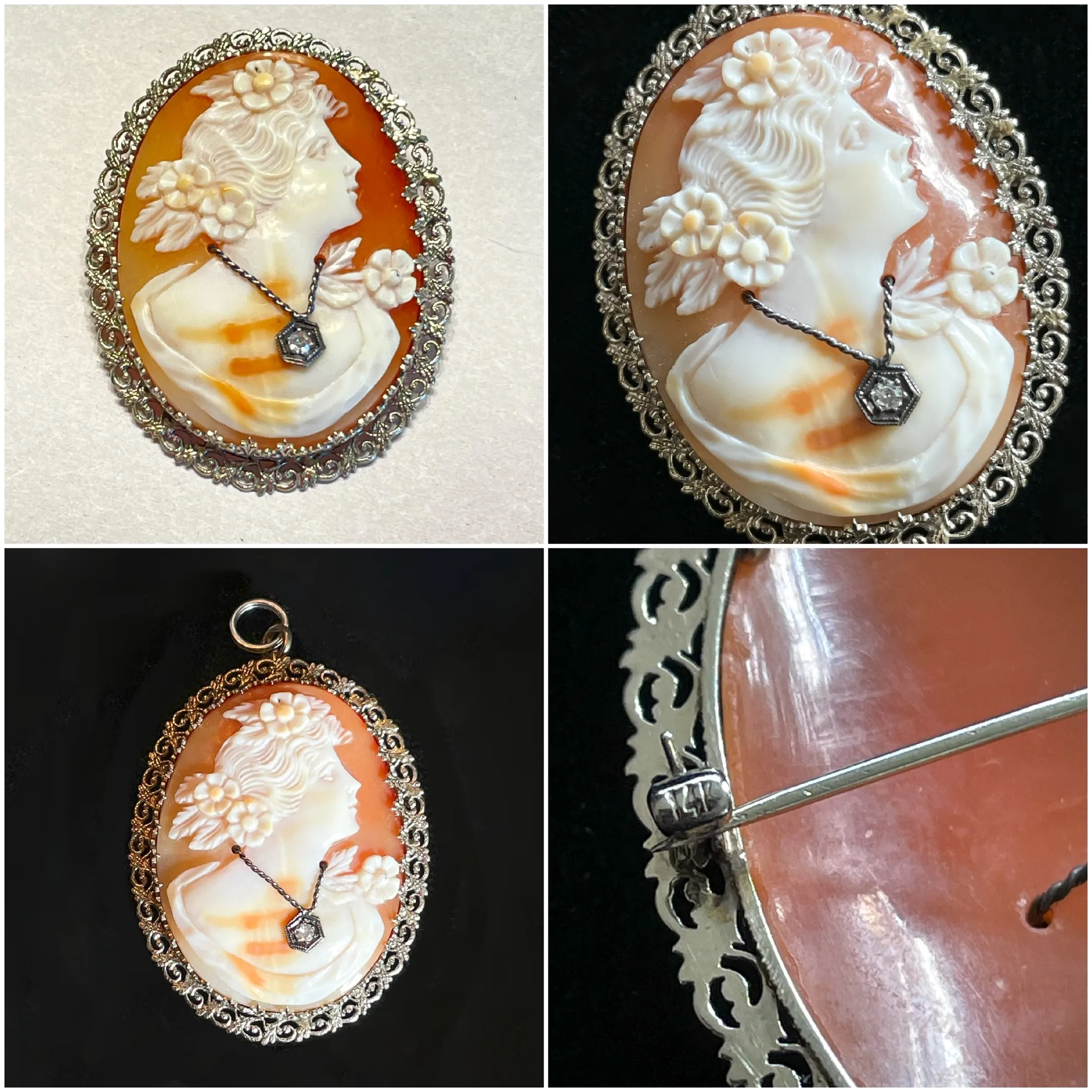 14K White Gold Antique Cameo Pendant/Brooch, Antique Victorian Habille Cameo