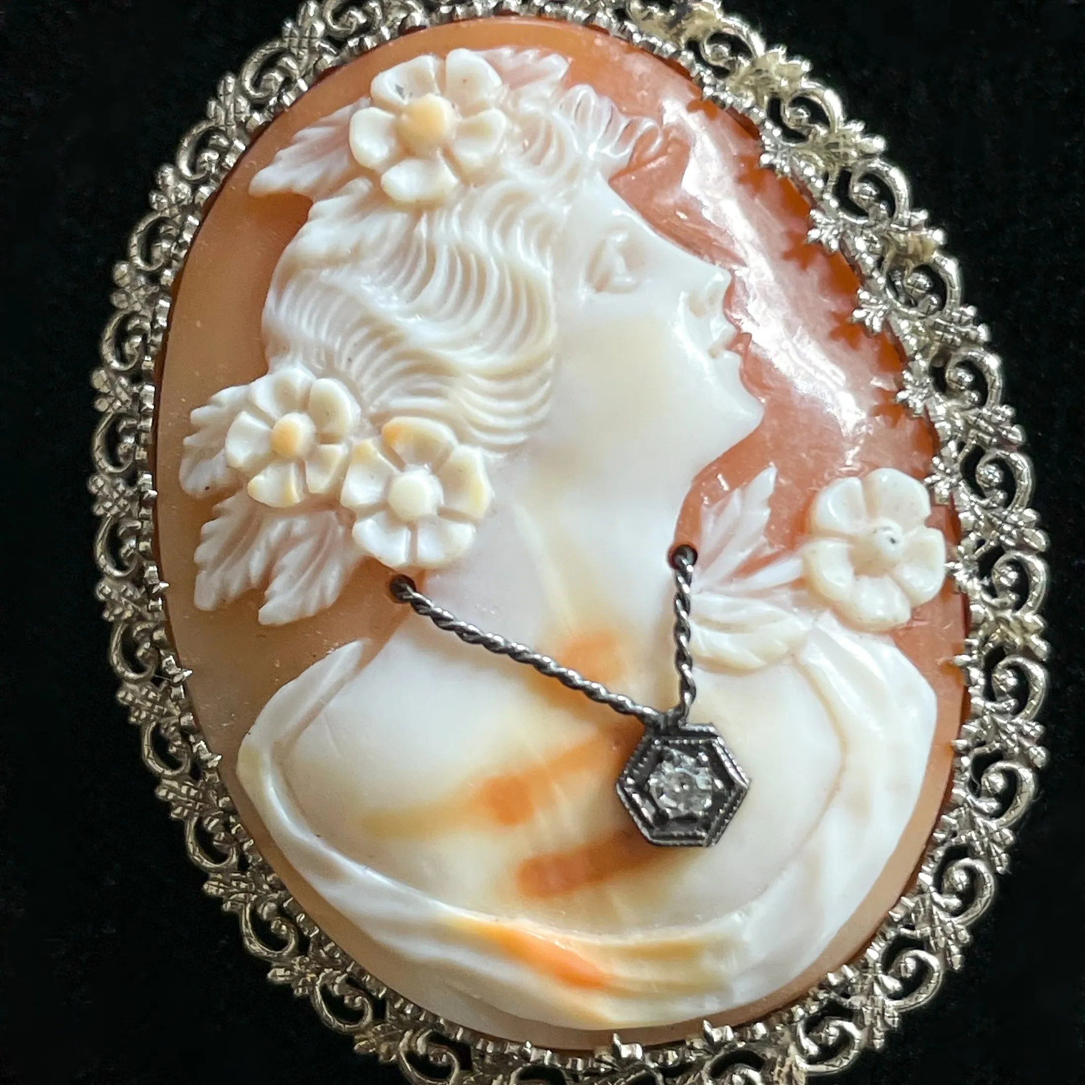 14K White Gold Antique Cameo Pendant/Brooch, Antique Victorian Habille Cameo