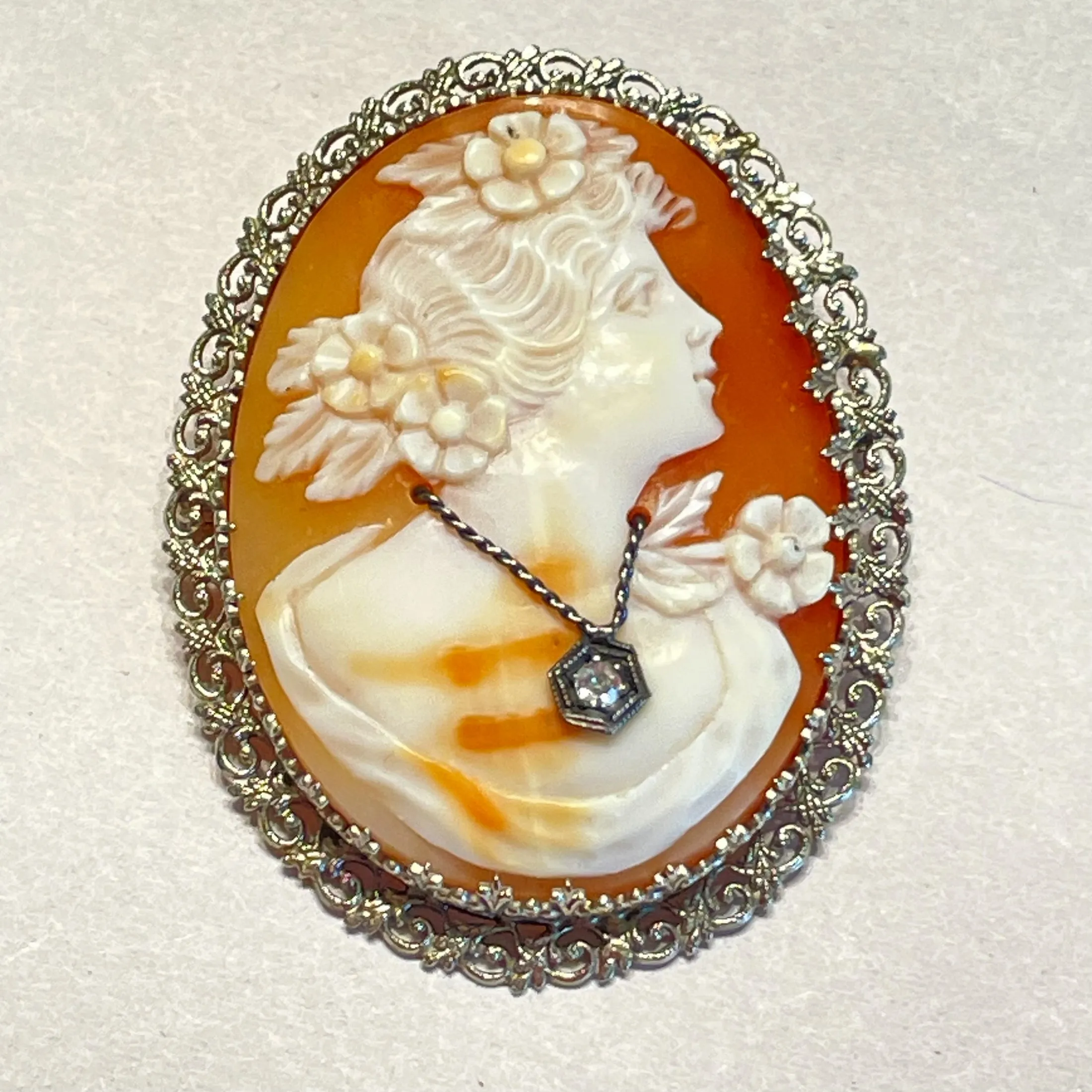 14K White Gold Antique Cameo Pendant/Brooch, Antique Victorian Habille Cameo