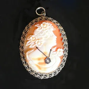 14K White Gold Antique Cameo Pendant/Brooch, Antique Victorian Habille Cameo