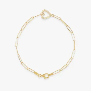 14K Yellow Diamond Heart Paperclip Chain Bracelet