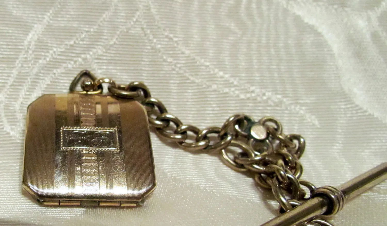 14kt Solid Gold Pocket Watch Chain & Photo Locket Fob 1890's Victorian