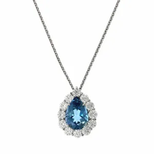 18K White Gold Pear Shape Aquamarine Diamond Halo Pendant