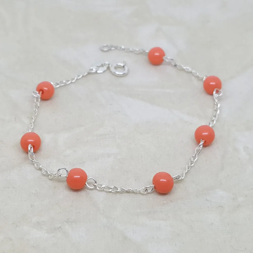 2-0458-h2-2 Sterling Silver Pink Coral (synthetic) Bead Bracelet.