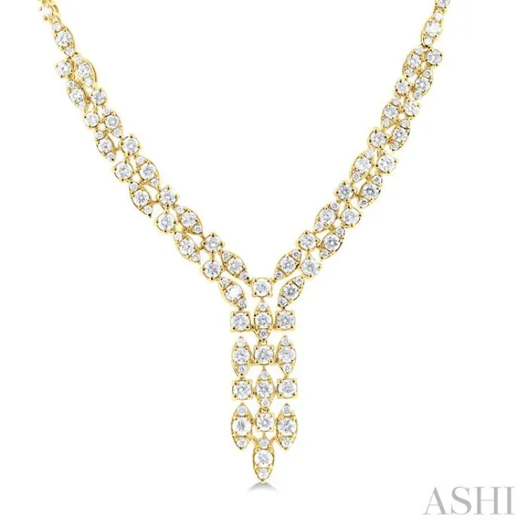 3 1/6 ctw Triple Row Drop Round Cut Diamond Necklace in 14K Yellow Gold