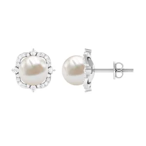 6.50 CT Floral Statement Earrings with Freshwater Pearl and Diamond Accents