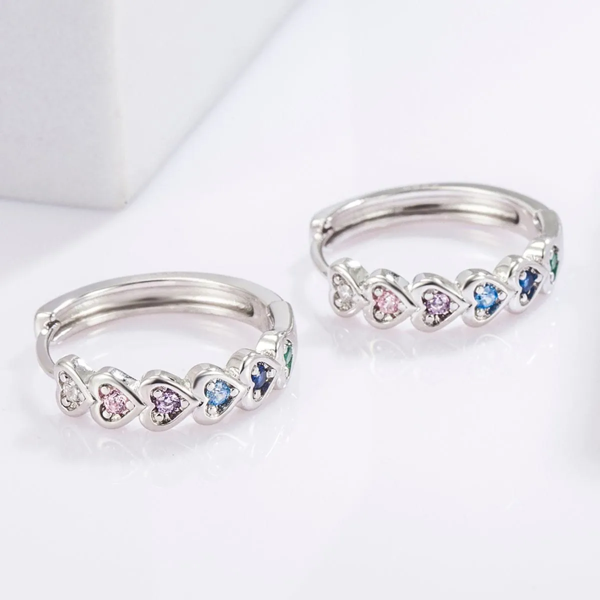 925 Sterling Silver Inlaid Zircon Heart Huggie Earrings