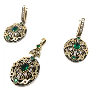 925 Sterling Silver Women's Oxidized Accented Teardrop Dangle Earring and Pendant Turkish Jewelry in Green Zircon Gift Set - Duel On Jewel