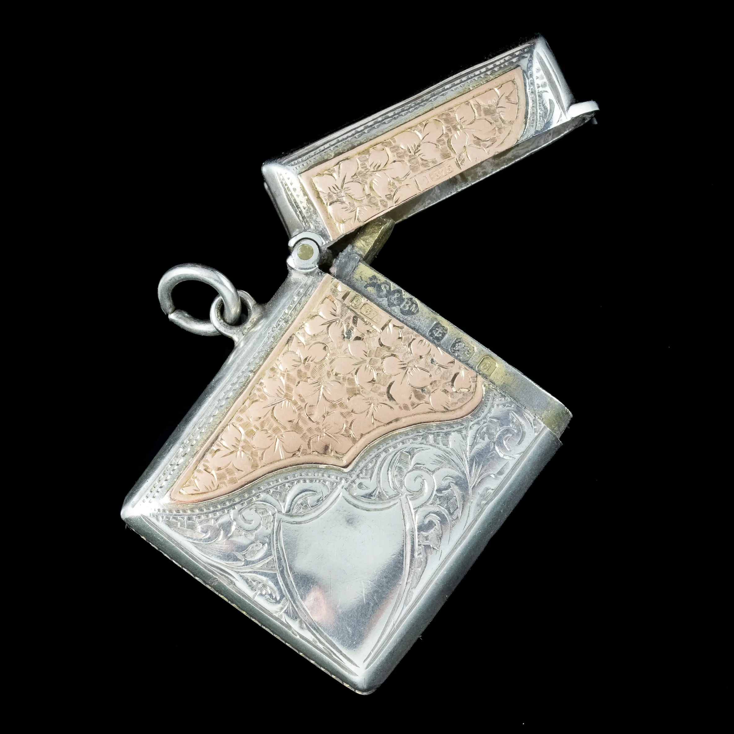 Antique Edwardian Vesta Case Pendant Silver 9ct Gold Dated 1903