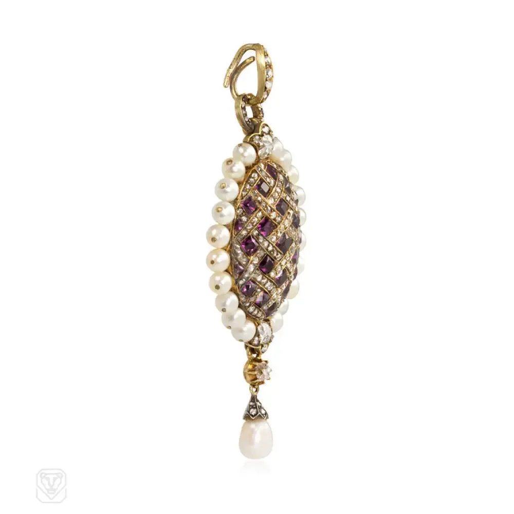 Antique garnet, pearl and diamond pendant