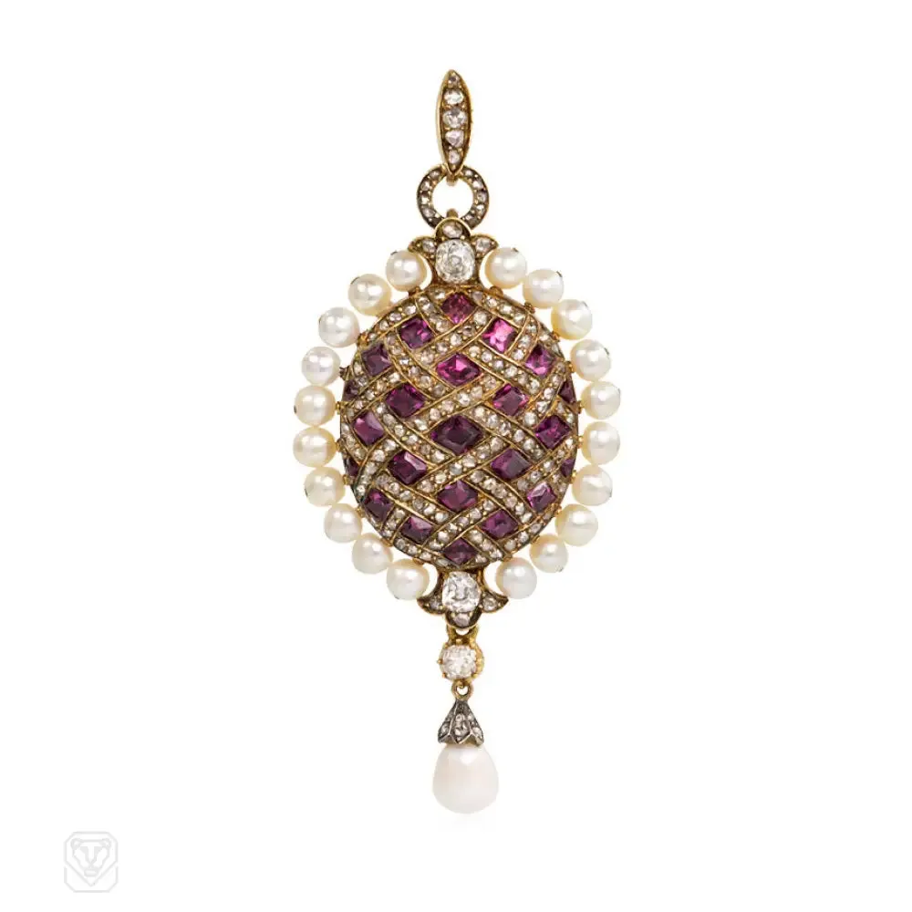 Antique garnet, pearl and diamond pendant