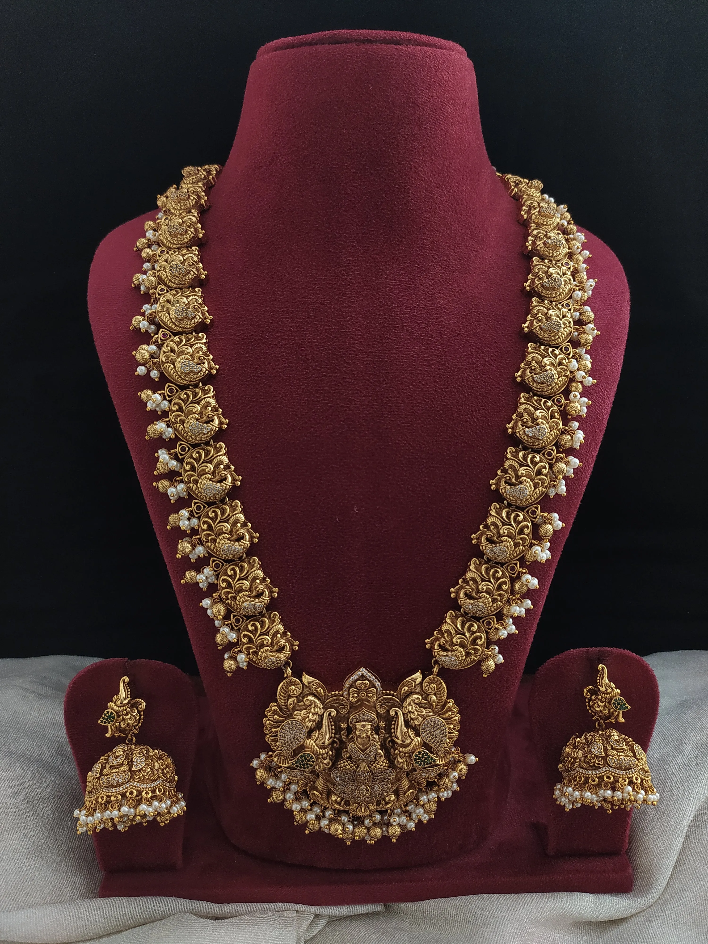 Antique Lakshmi Nagas Zircon Long Set with Peacock Accents