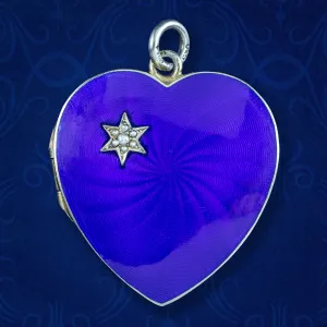 Antique Victorian Blue Guilloche Enamel Heart Locket Pearl Star