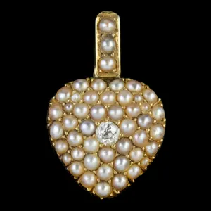 Antique Victorian Pearl Diamond Heart Pendant Locket 18Ct Gold Circa 1860