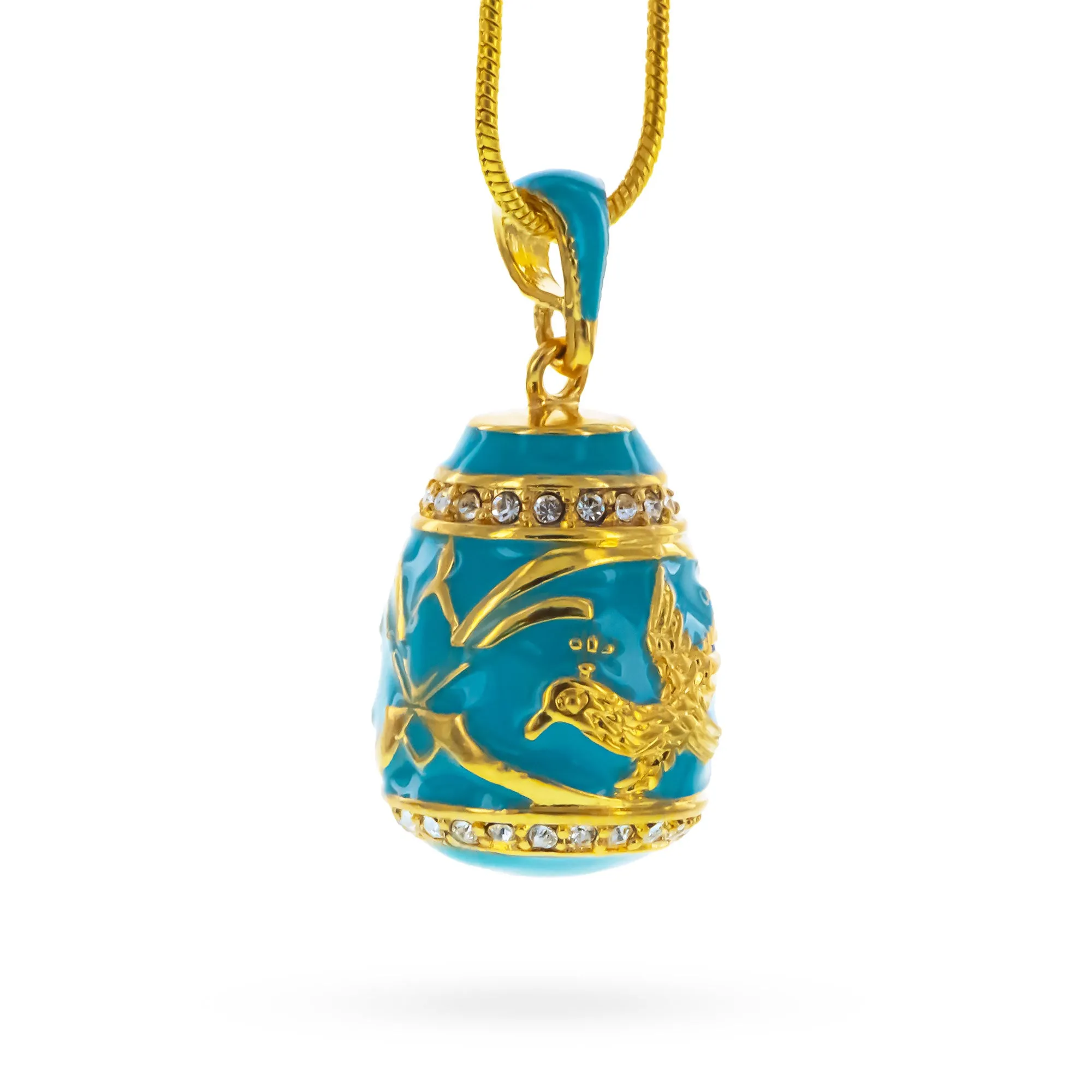 Aquamarine Enamel Gold Bird Royal Egg Pendant Necklace