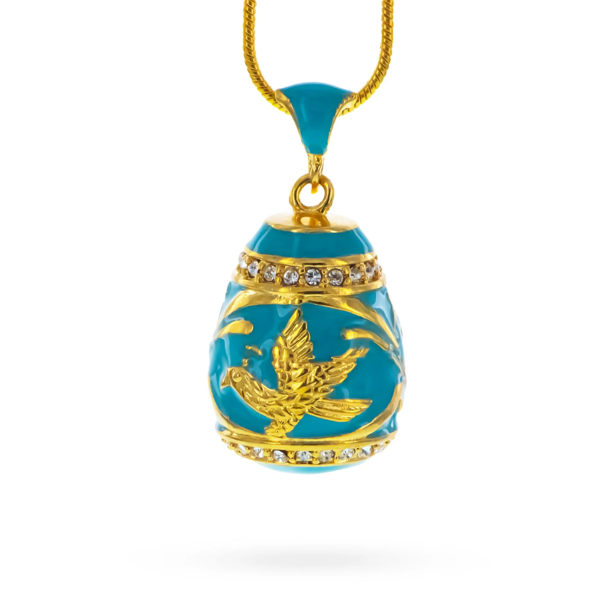 Aquamarine Enamel Gold Bird Royal Egg Pendant Necklace