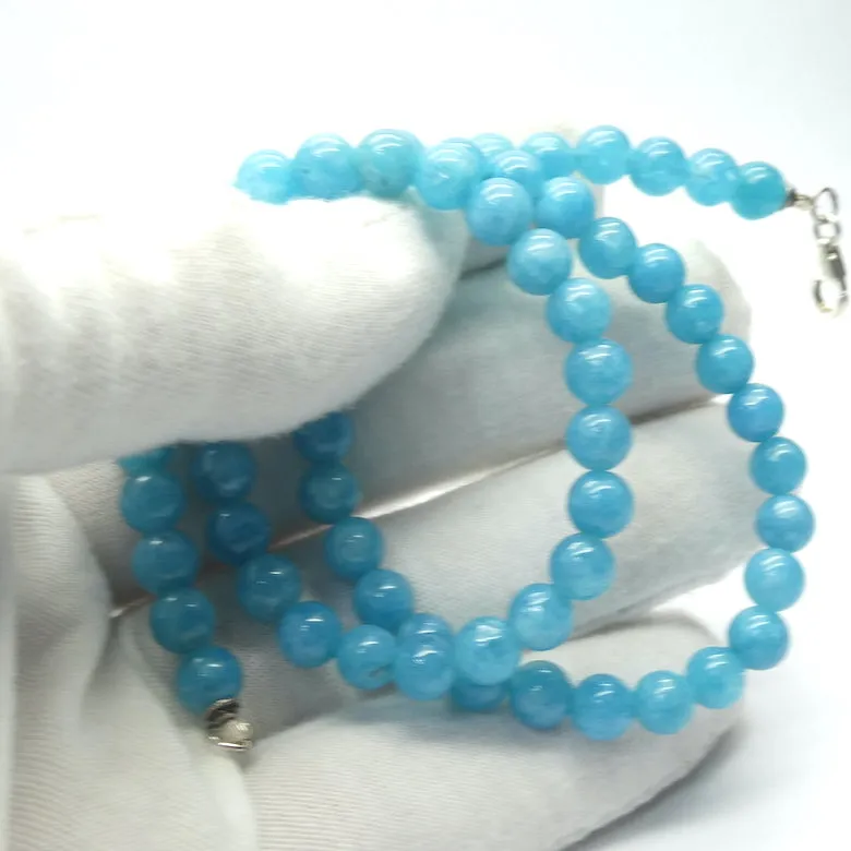 Aquamarine Necklace, Smooth Beads, 925 Silver