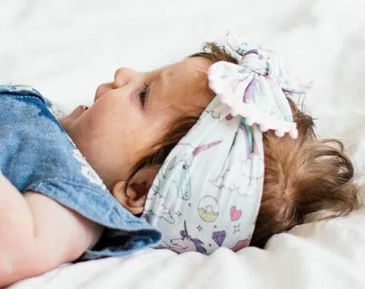 Baby Bling Pastel Unicorn w/Pink Pom Trimmed Printed Knot Headband