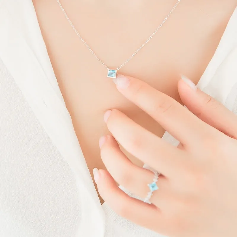 Blue Aquamarine Pendant Necklace in 18K White Gold Plated Sterling Silver For Women