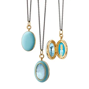 Blue Enamel Vermeil Oval Locket with Blue Topaz