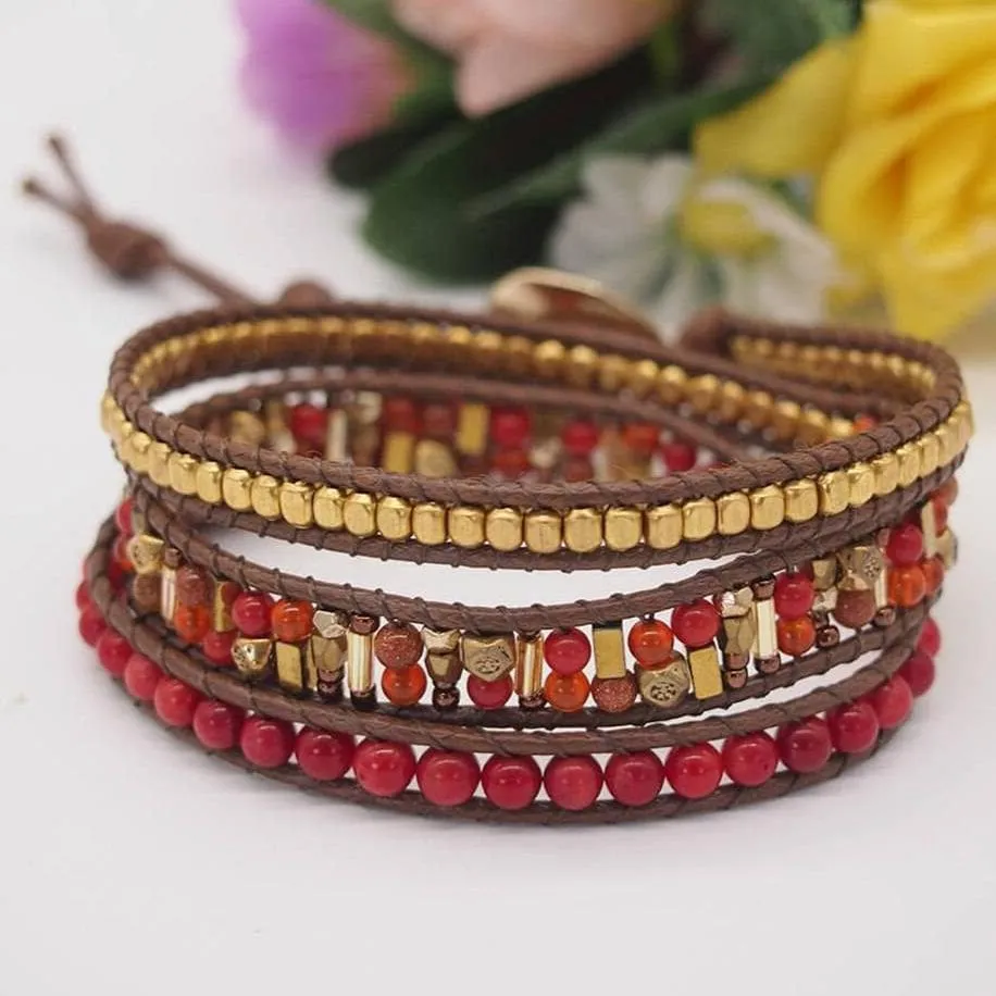 Bohemian Handmade Natural Stone and Brass Bead Wrap Bracelet Set