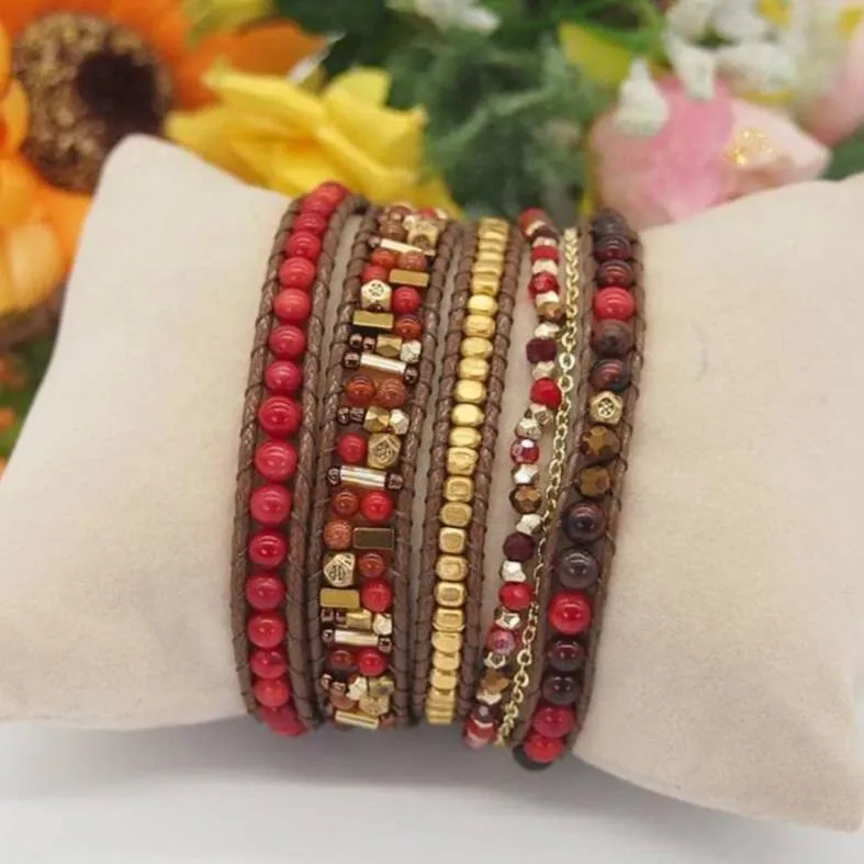 Bohemian Handmade Natural Stone and Brass Bead Wrap Bracelet Set