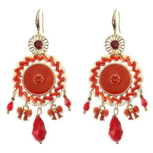 Bohemian Retro 14K Gold Plated Earrings Ethnic Sun Shape Bowknot Red Zircon Ear Drop for Women