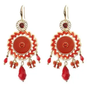 Bohemian Retro 14K Gold Plated Earrings Ethnic Sun Shape Bowknot Red Zircon Ear Drop for Women