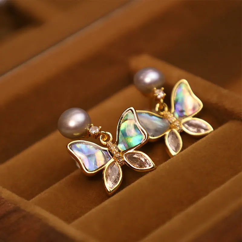 Buddha Stones 18K Gold Plated Copper Natural Shell Pearl Butterfly Sincerity Stud Earrings