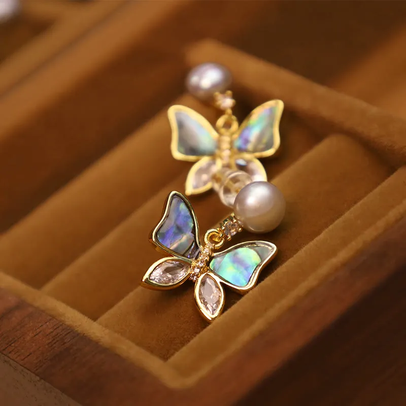 Buddha Stones 18K Gold Plated Copper Natural Shell Pearl Butterfly Sincerity Stud Earrings