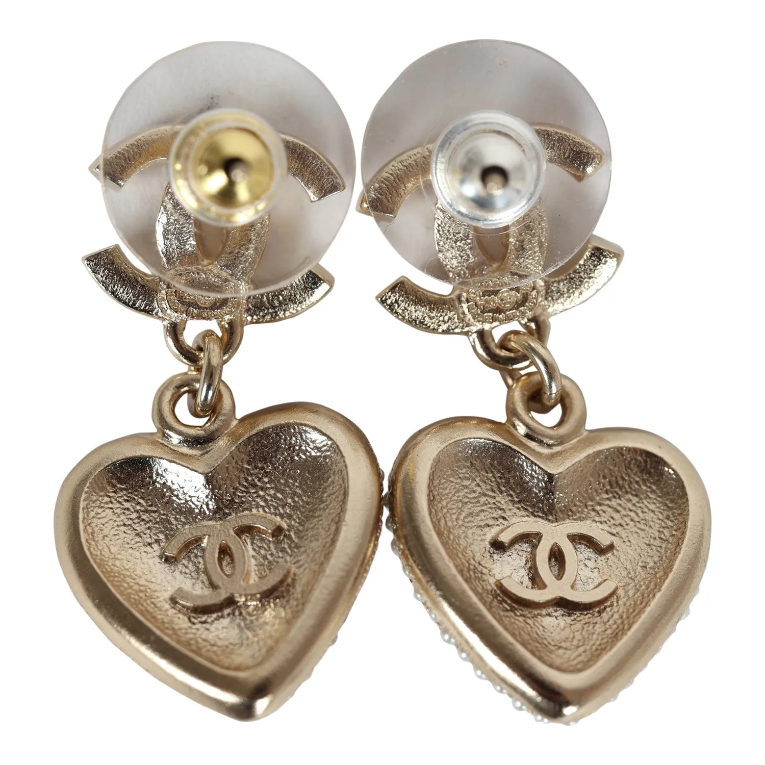 Chanel Crystal Heart Dangle CC Earrings Faux Pearl Light Gold Metal