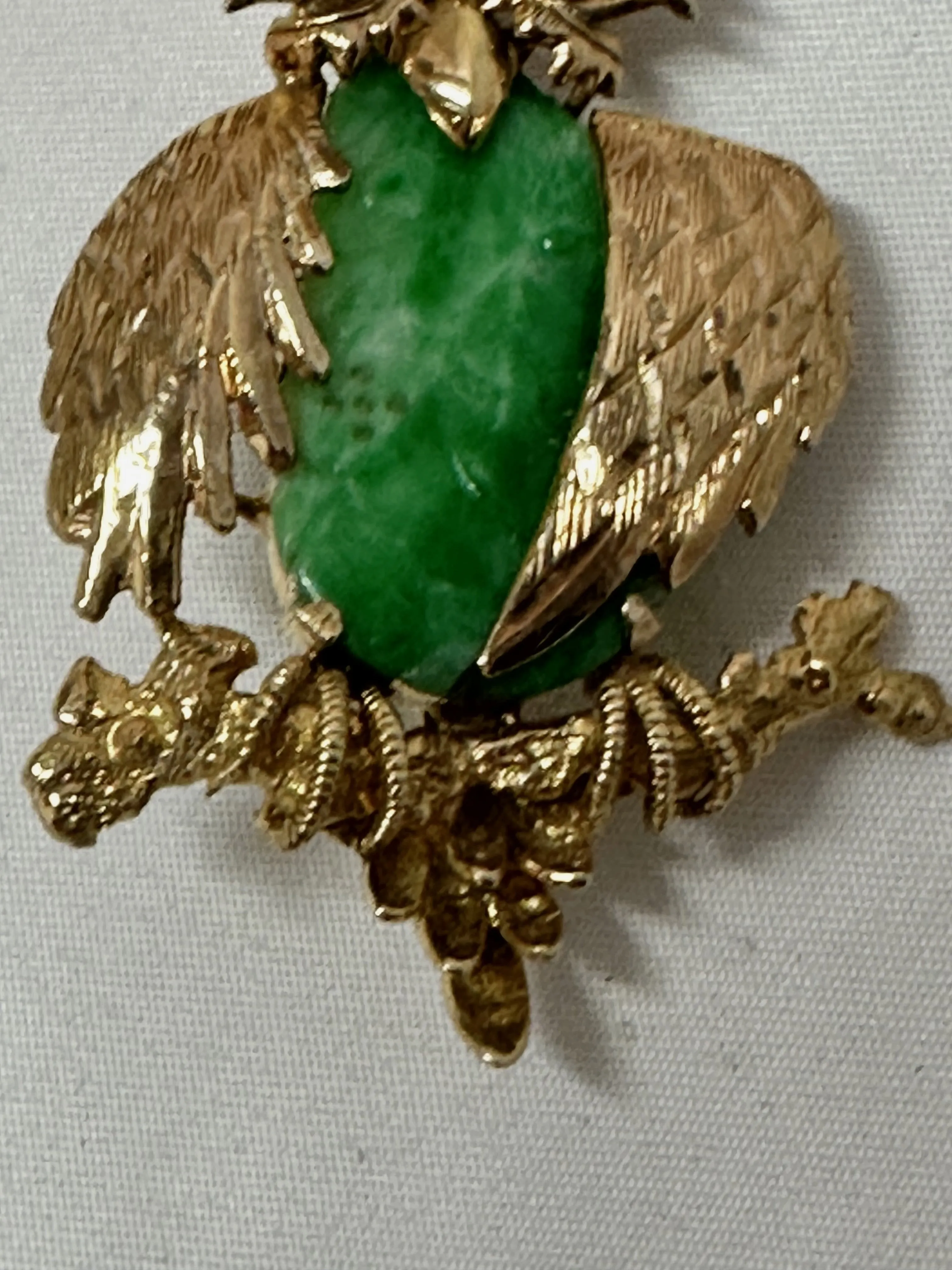 Chinese 14k Yellow Gold Owl Brooch Pin with Jade and Ruby Eyes. 2" H. 12.6 grams