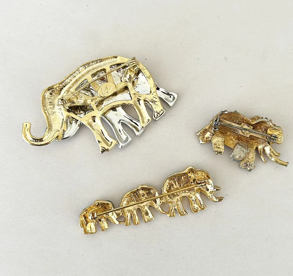 Collection of 3 vintage designer style fashion elephant brooches