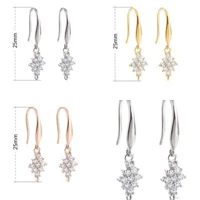 Crystals Zircon Flowers Clip Earrings Hook Setting Sterling Silver Rose Gold Fine 925 25 mm For One Pearl No Prongs DIY Jewelry Wholesale