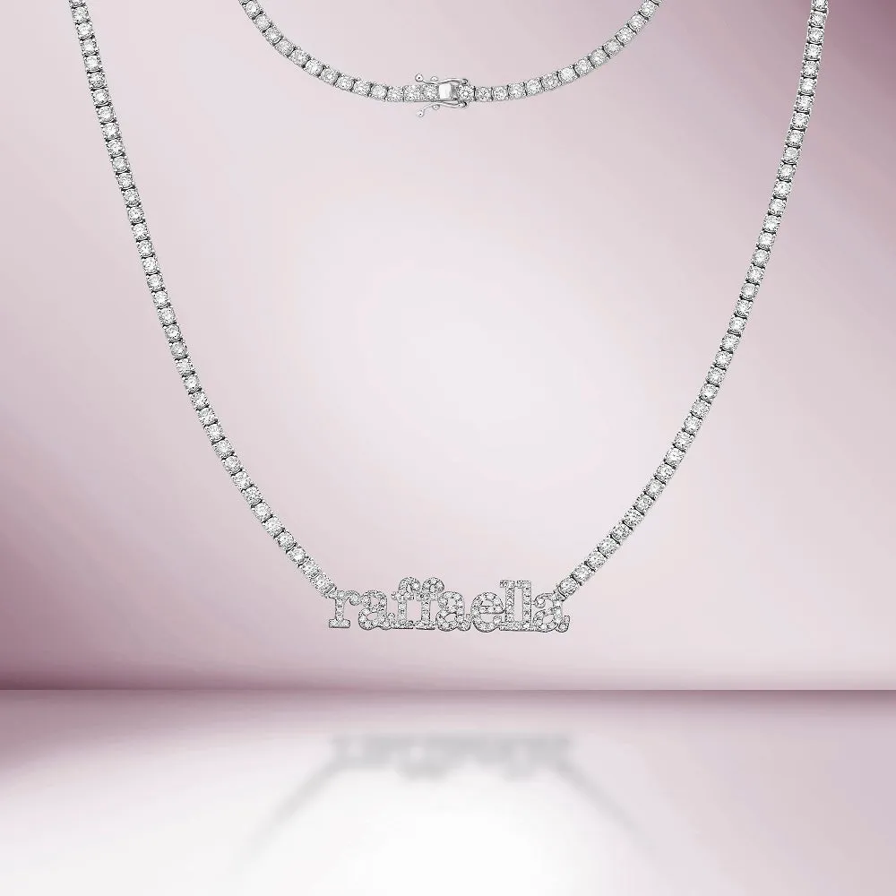 Custom Name Plate Diamond Tennis Necklace (8.50 ct.) 2.3 mm 4-Prongs Setting in 14K Gold