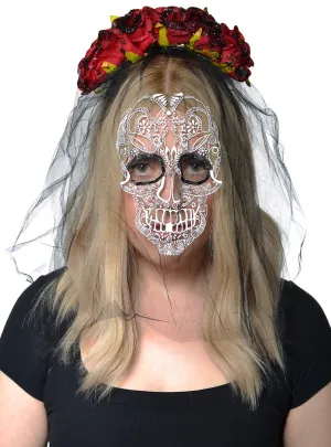 Day of the Dead Rose Headband with Printed Sugar Skull Veil