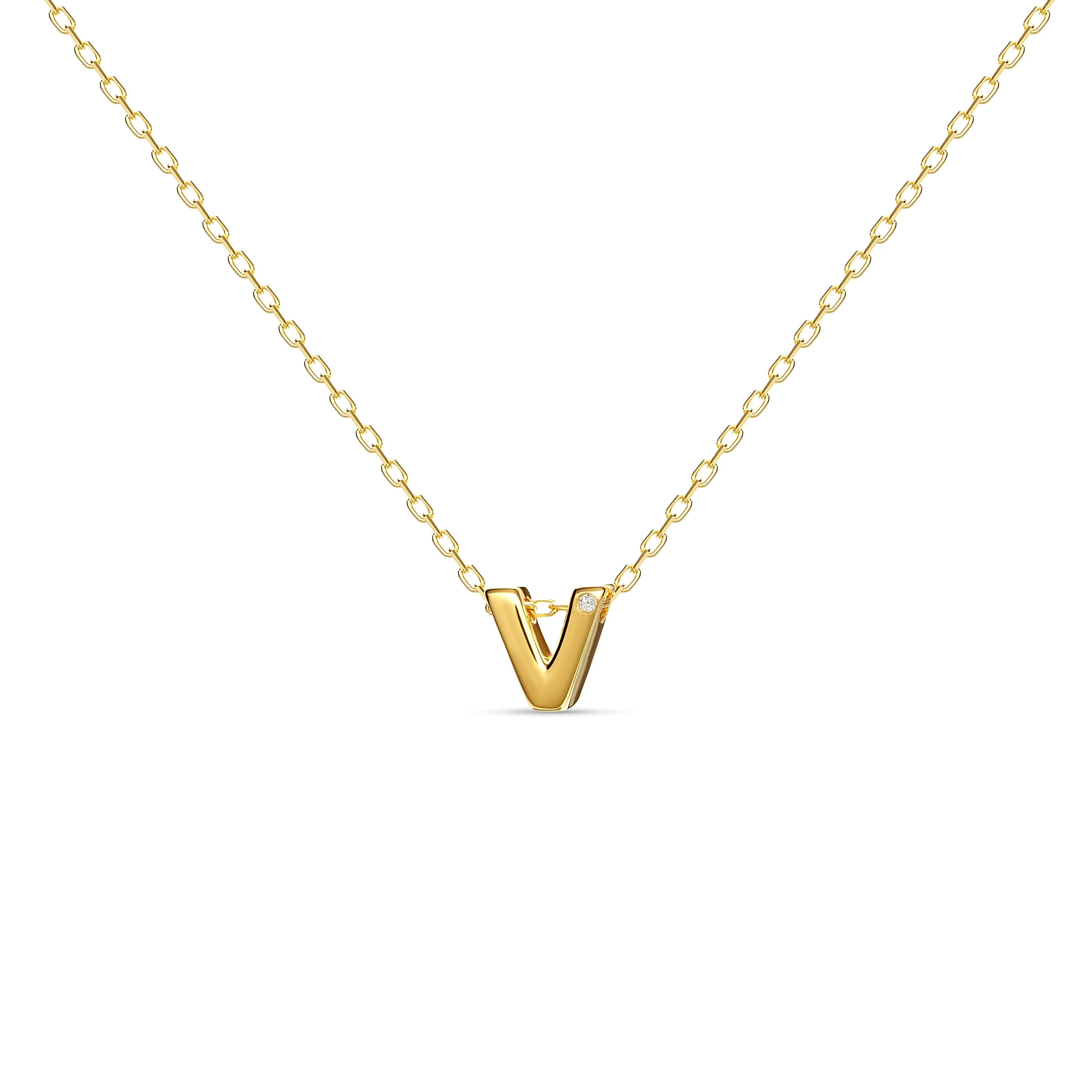 Diamond Letter Necklace "V" - 18 karat gold vermeil on sterling silver, diamond 0.01 carat