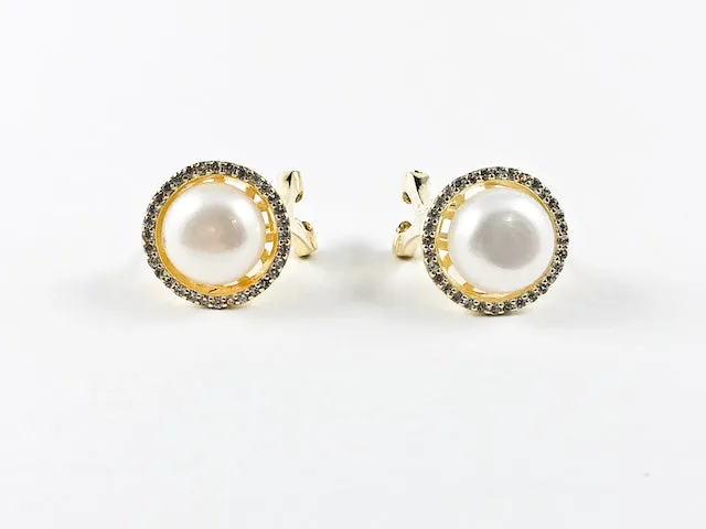 Elegant Round Pearl With Round CZ Frame Gold Tone French Post Silver Earrings