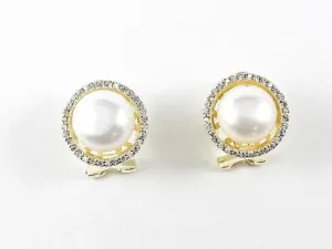 Elegant Round Pearl With Round CZ Frame Gold Tone French Post Silver Earrings