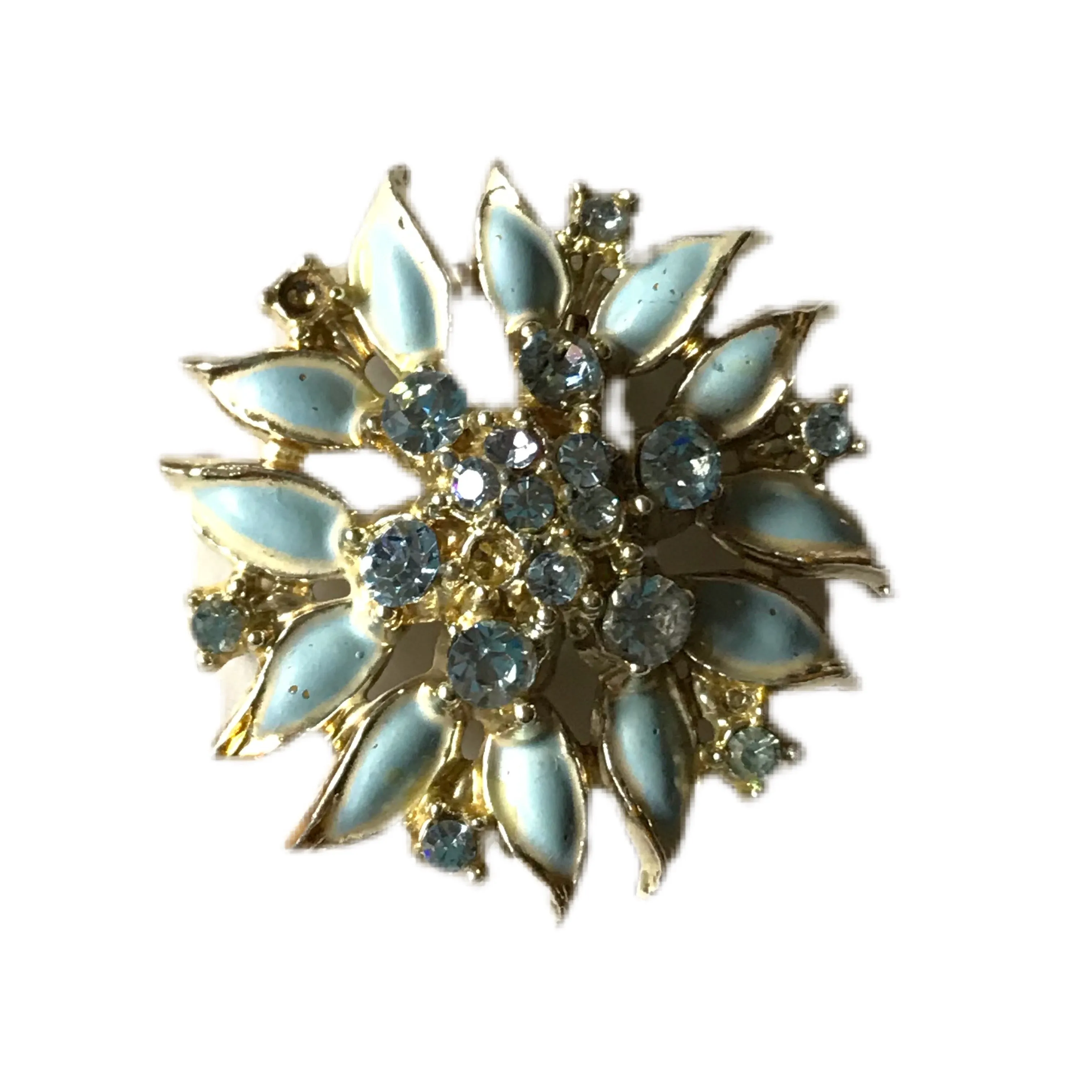 Enameled Aqua Blue Flower Brooch with Blue Rhinestones circa 1960s