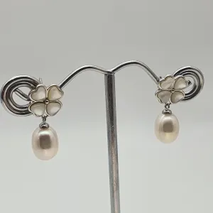 Floral Mother Of Pearl & Drop Pearl Earrings, Sterling Silver