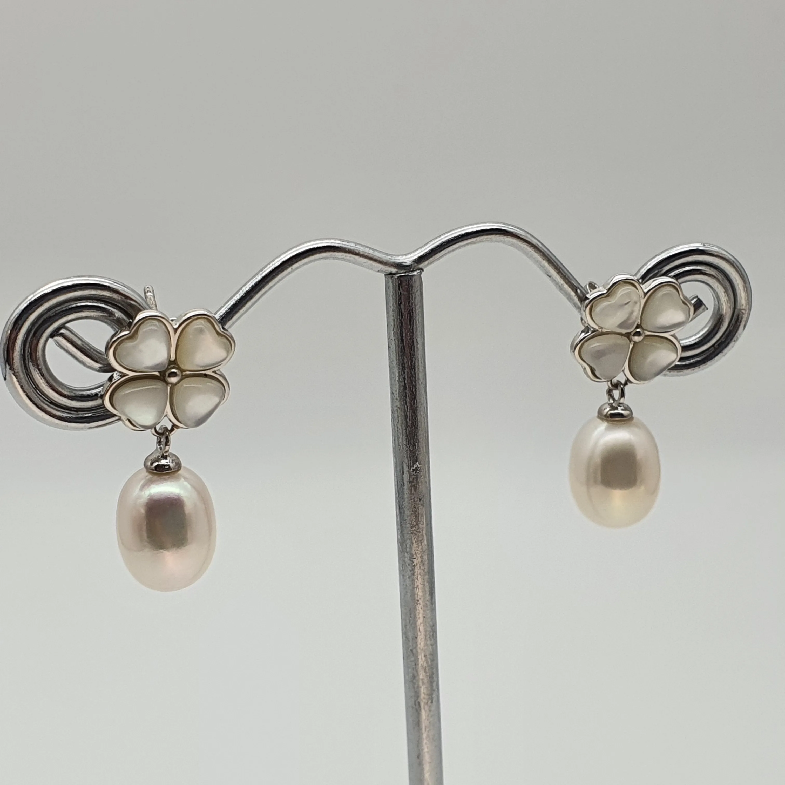 Floral Mother Of Pearl & Drop Pearl Earrings, Sterling Silver